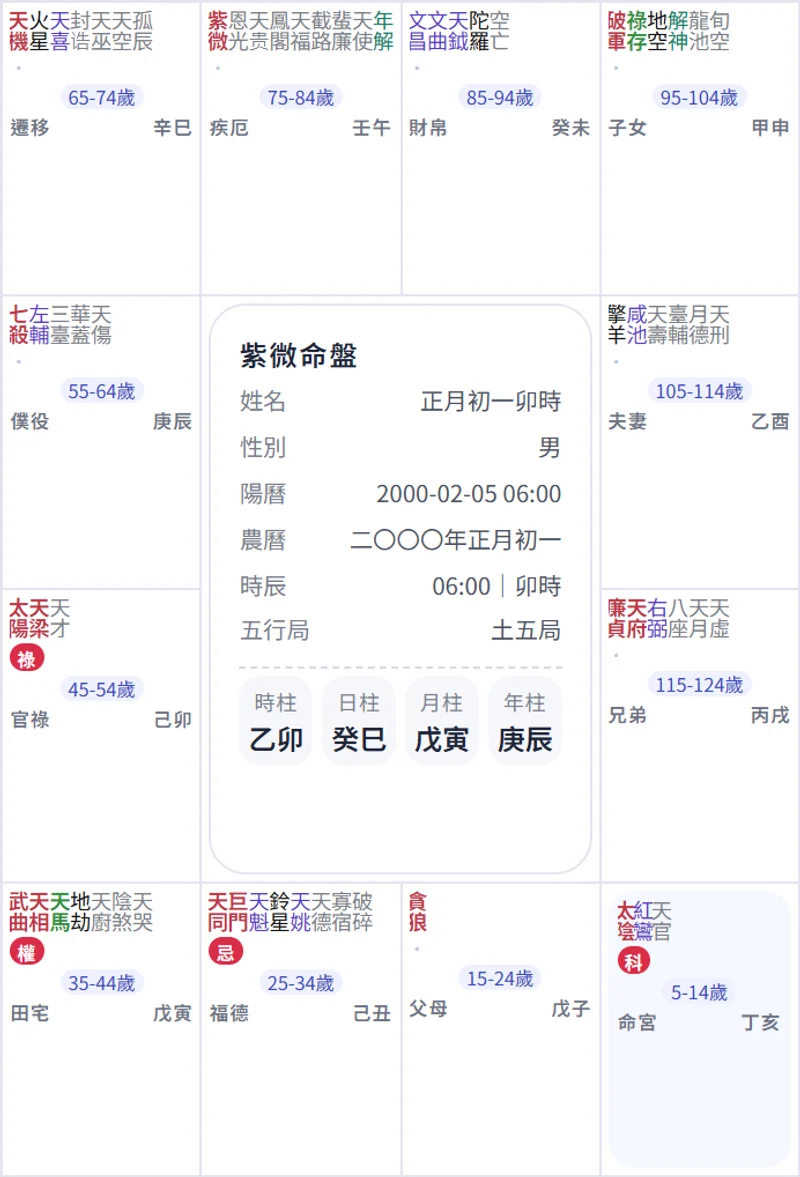 庚辰年正月初一卯時男命紫微命盤