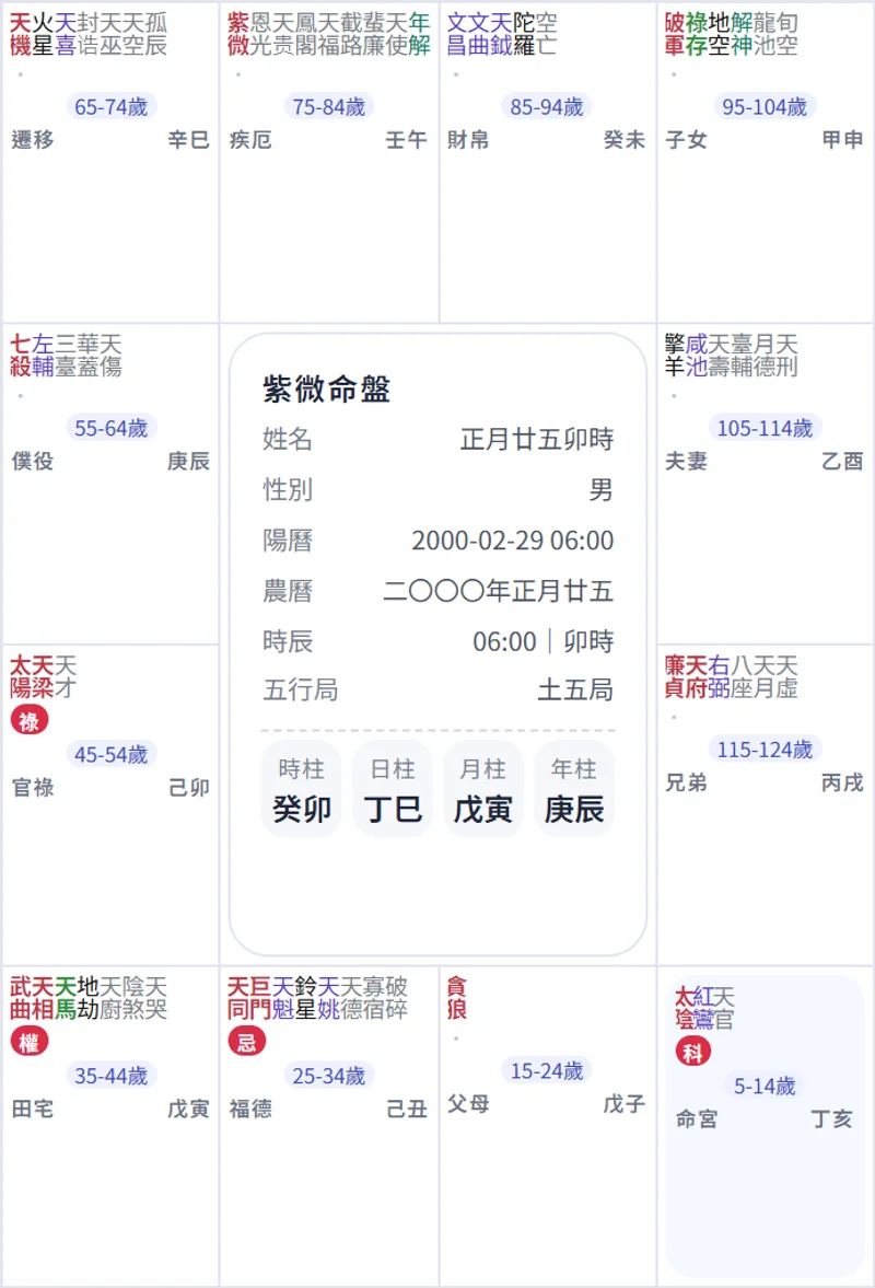 庚辰年正月廿五卯時男命紫微命盤